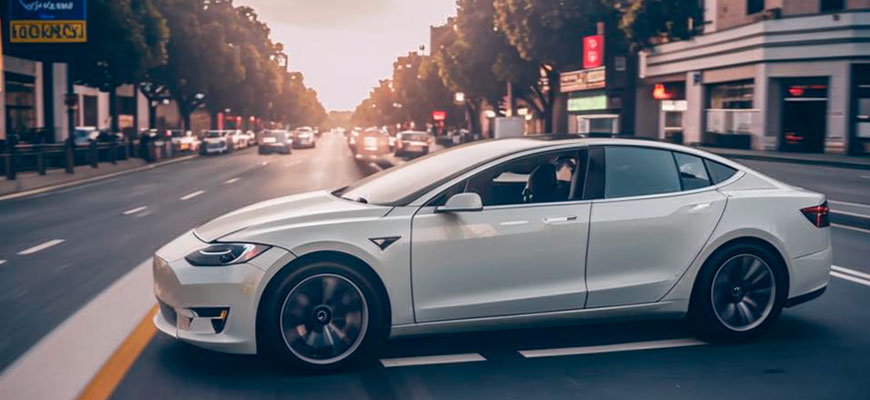 Автономный автомобиль Tesla на дороге, демонстрирующий возможности нейросетей